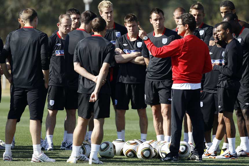 Fabio Capello instructs the squad at training.